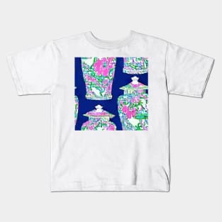 Colorful chinoiserie jars on deep blue seamless pattern Kids T-Shirt